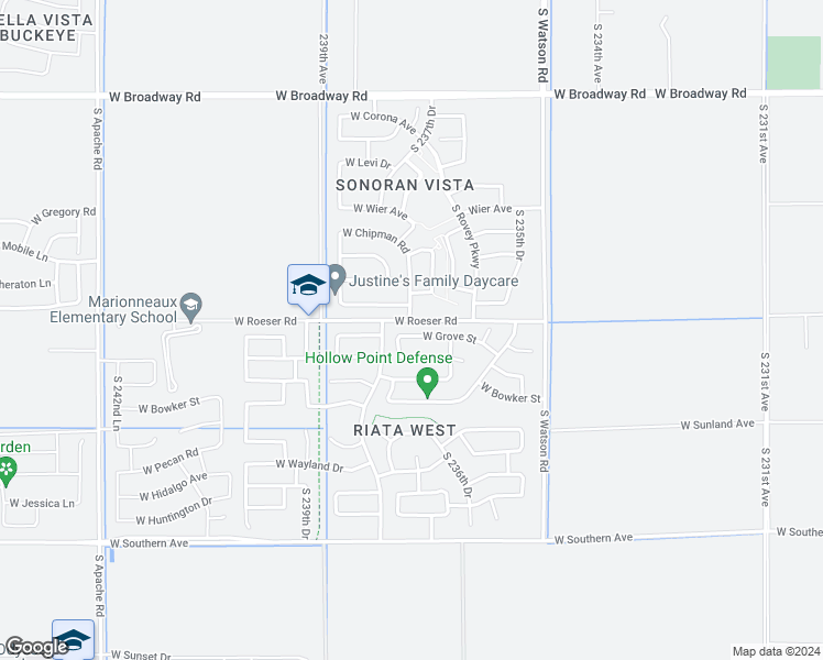 map of restaurants, bars, coffee shops, grocery stores, and more near 23740 West Grove Street in Buckeye