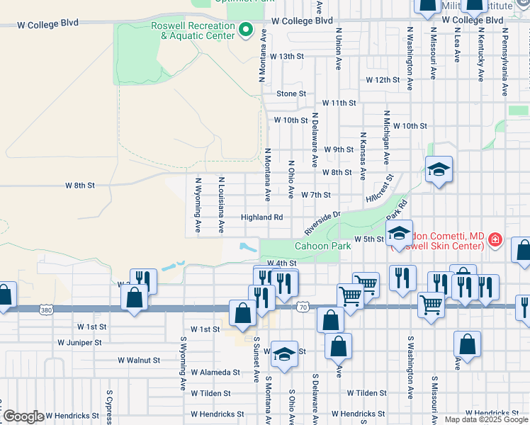 map of restaurants, bars, coffee shops, grocery stores, and more near 1301 Highland Road in Roswell