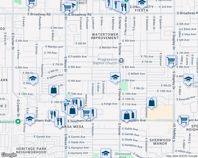 map of restaurants, bars, coffee shops, grocery stores, and more near 634 East 9th Avenue in Mesa