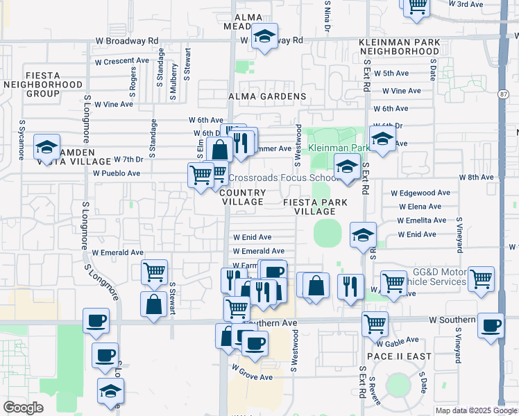 map of restaurants, bars, coffee shops, grocery stores, and more near 1057 West Elena Circle in Mesa