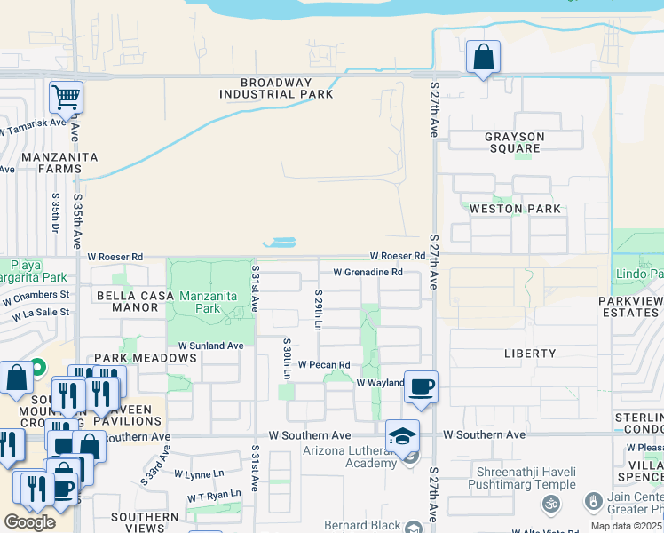 map of restaurants, bars, coffee shops, grocery stores, and more near 2912 West Grenadine Road in Phoenix