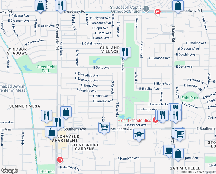 map of restaurants, bars, coffee shops, grocery stores, and more near 4735 East Elena Avenue in Mesa