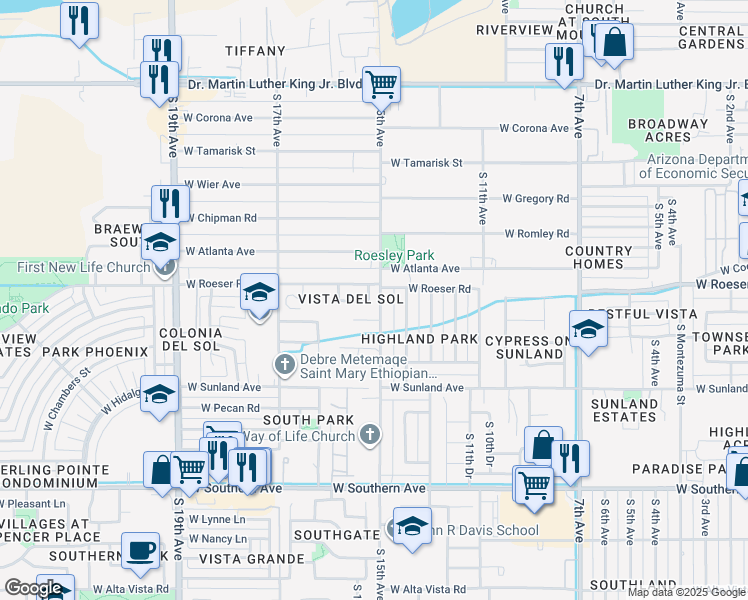 map of restaurants, bars, coffee shops, grocery stores, and more near 5211 South 15th Drive in Phoenix