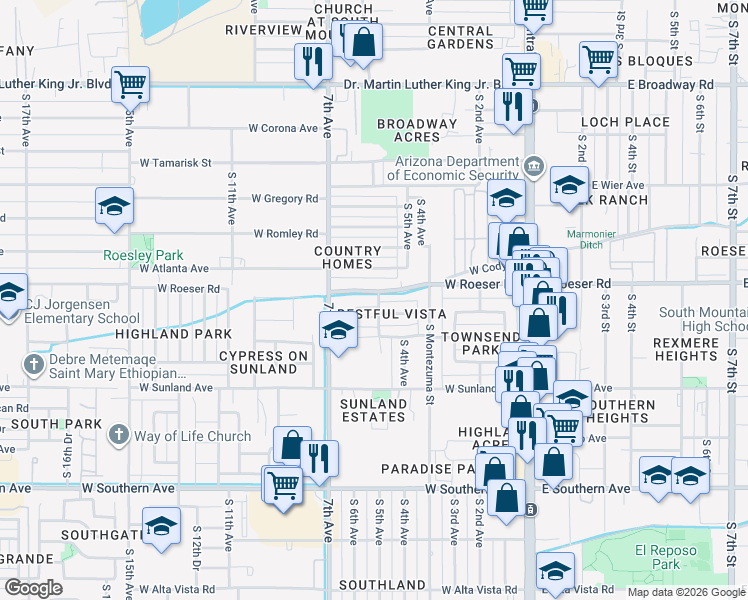 map of restaurants, bars, coffee shops, grocery stores, and more near 501 West Roeser Road in Phoenix
