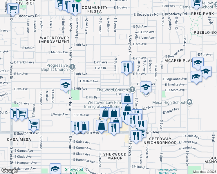 map of restaurants, bars, coffee shops, grocery stores, and more near 1036 East 9th Avenue in Mesa