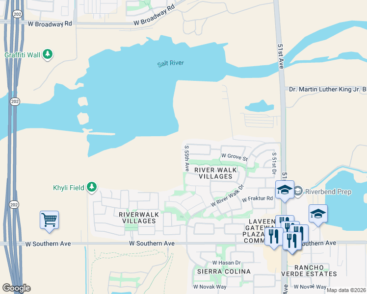 map of restaurants, bars, coffee shops, grocery stores, and more near 5220 South 55th Avenue in Phoenix