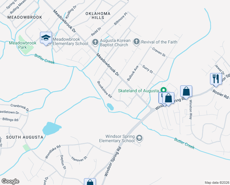 map of restaurants, bars, coffee shops, grocery stores, and more near 3614 Melbourne Drive in Augusta