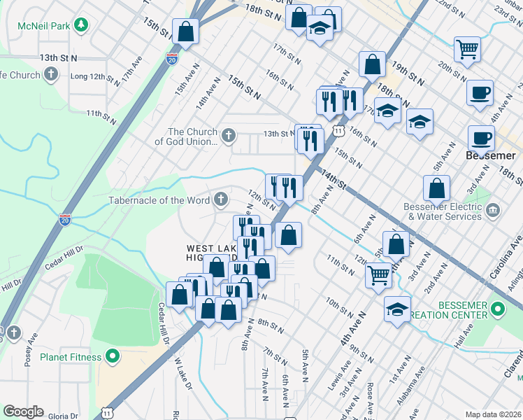 map of restaurants, bars, coffee shops, grocery stores, and more near 912 Westlake Boulevard in Bessemer