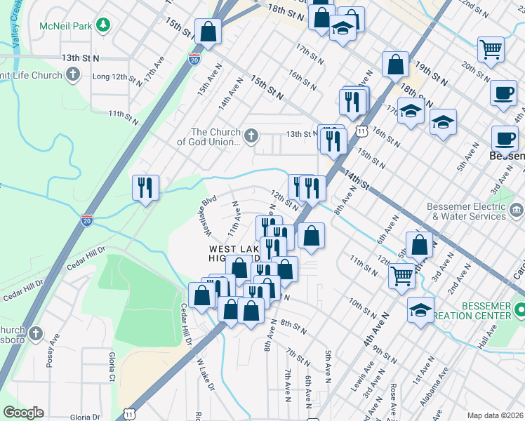 map of restaurants, bars, coffee shops, grocery stores, and more near 1017 11th Street North in Bessemer