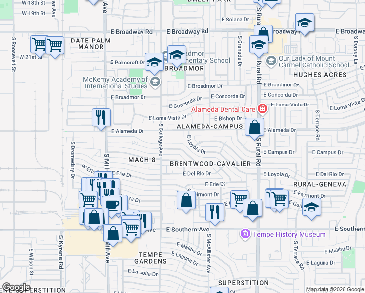 map of restaurants, bars, coffee shops, grocery stores, and more near 344 East Balboa Drive in Tempe