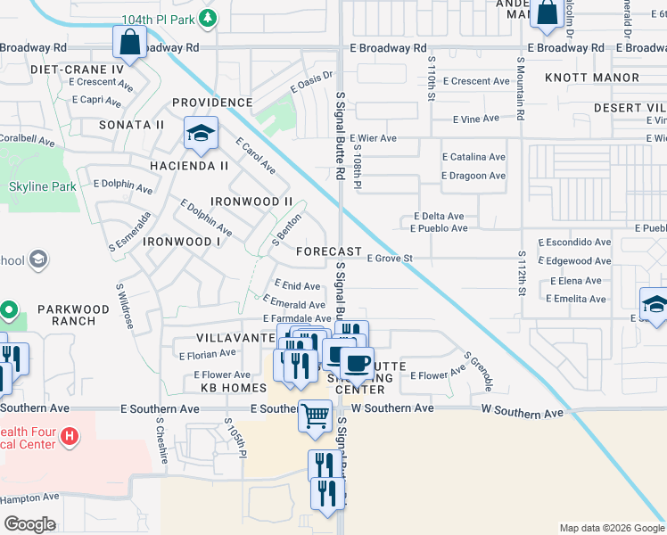 map of restaurants, bars, coffee shops, grocery stores, and more near 857 South Del Rancho in Mesa