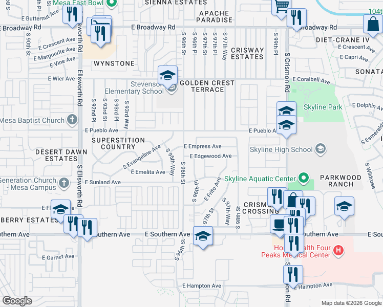 map of restaurants, bars, coffee shops, grocery stores, and more near 9602 East Edgewood Avenue in Mesa