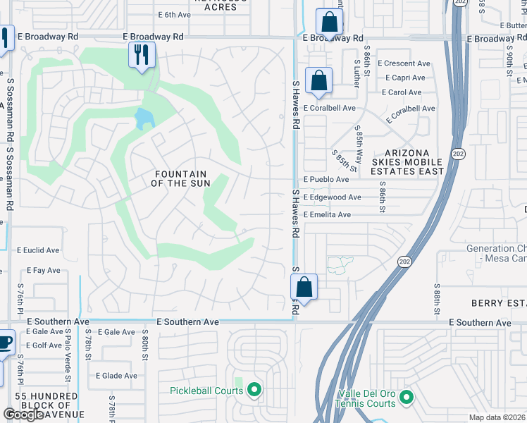 map of restaurants, bars, coffee shops, grocery stores, and more near 8258 East Emelita Avenue in Mesa