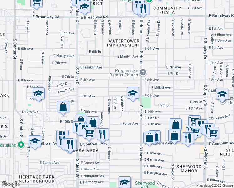 map of restaurants, bars, coffee shops, grocery stores, and more near 634 East 9th Avenue in Mesa