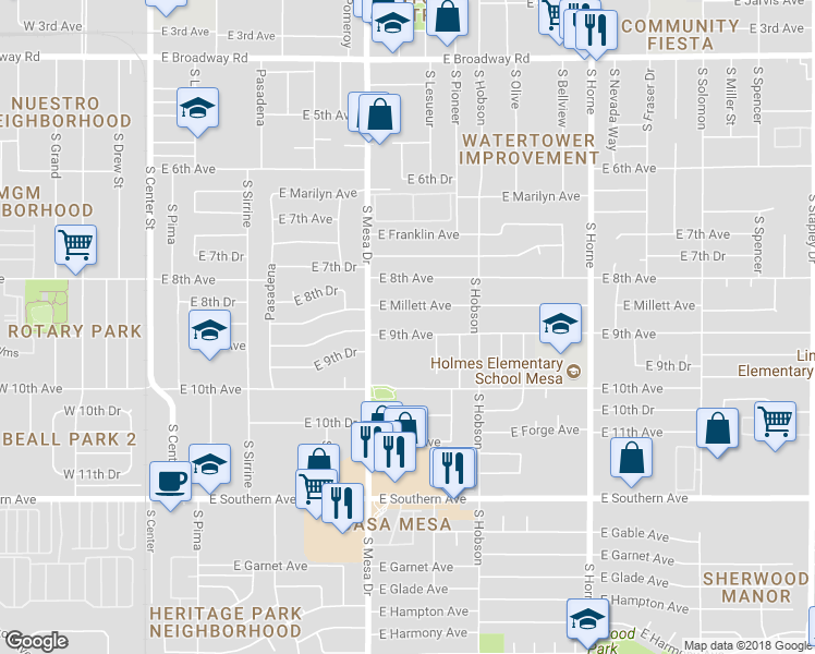 map of restaurants, bars, coffee shops, grocery stores, and more near 426 East 9th Avenue in Mesa