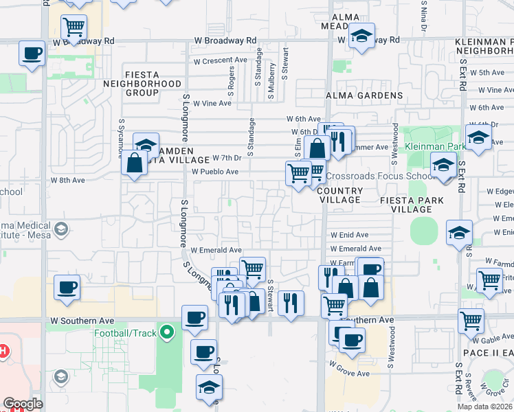 map of restaurants, bars, coffee shops, grocery stores, and more near 1342 West Emerald Avenue in Mesa