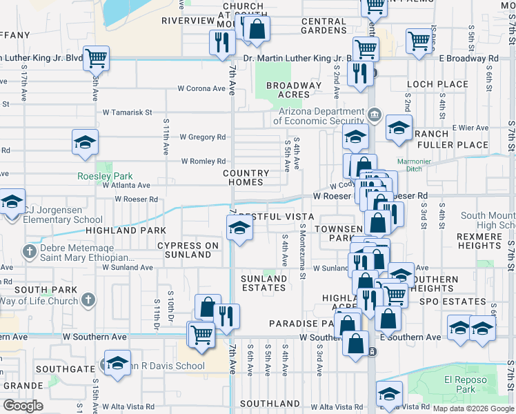 map of restaurants, bars, coffee shops, grocery stores, and more near 501 West Roeser Road in Phoenix