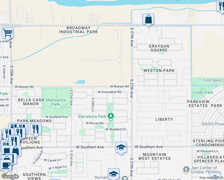 map of restaurants, bars, coffee shops, grocery stores, and more near 2806 West Grenadine Road in Phoenix