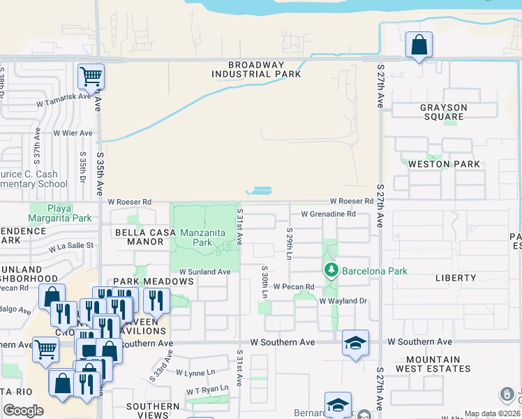 map of restaurants, bars, coffee shops, grocery stores, and more near 3018 West Grenadine Road in Phoenix