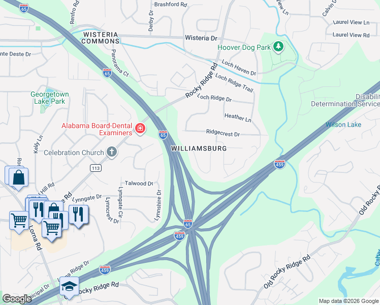map of restaurants, bars, coffee shops, grocery stores, and more near 3516 William and Mary Road in Vestavia Hills