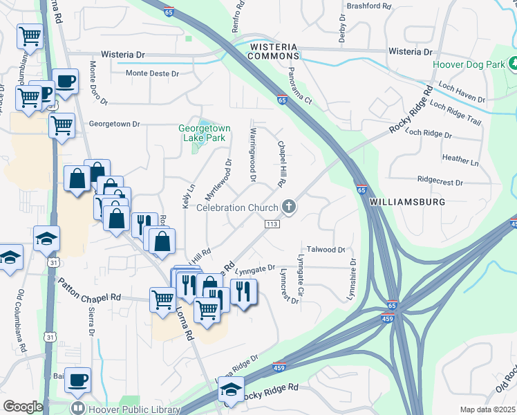 map of restaurants, bars, coffee shops, grocery stores, and more near 2209 Chapel Hill Road in Birmingham
