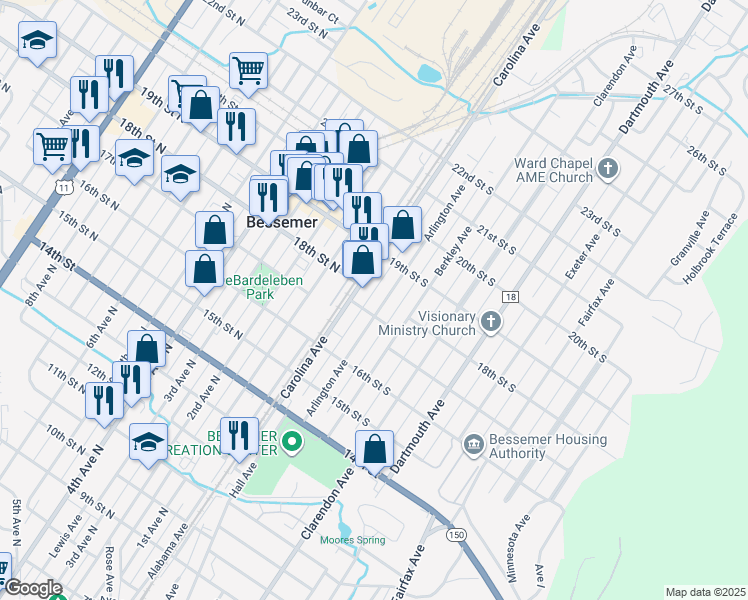 map of restaurants, bars, coffee shops, grocery stores, and more near 1728 Arlington Ave in Bessemer