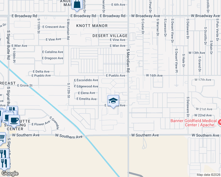 map of restaurants, bars, coffee shops, grocery stores, and more near 834 South Meridian Road in Apache Junction