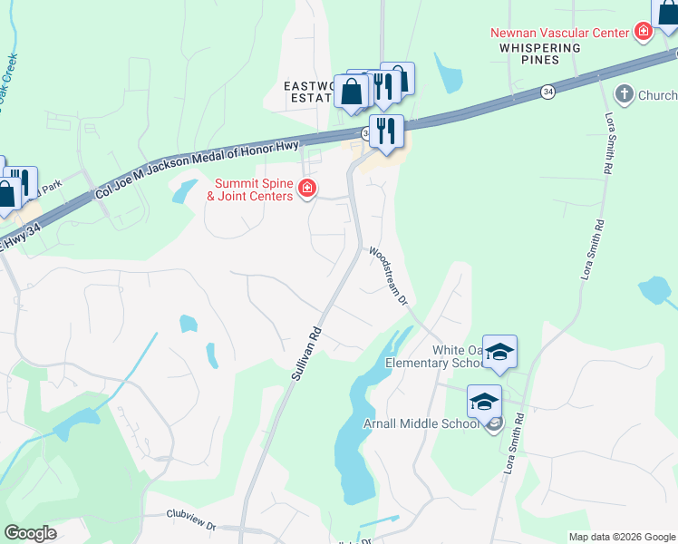 map of restaurants, bars, coffee shops, grocery stores, and more near 75 Pinemeadow Drive in Newnan