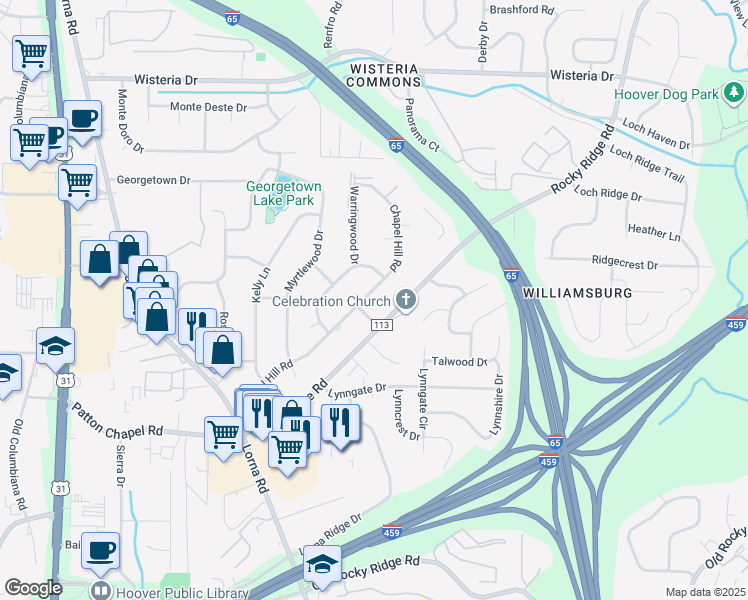 map of restaurants, bars, coffee shops, grocery stores, and more near 2209 Chapel Hill Road in Birmingham