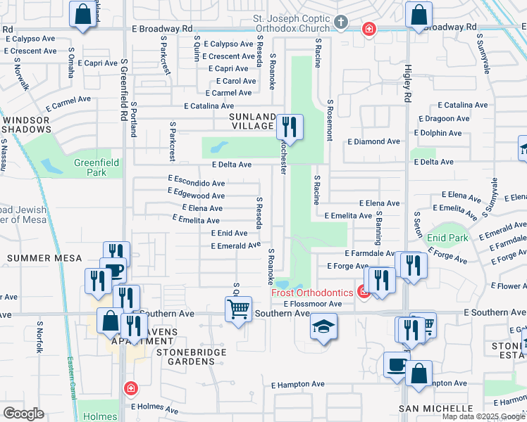map of restaurants, bars, coffee shops, grocery stores, and more near 913 South Roanoke in Mesa
