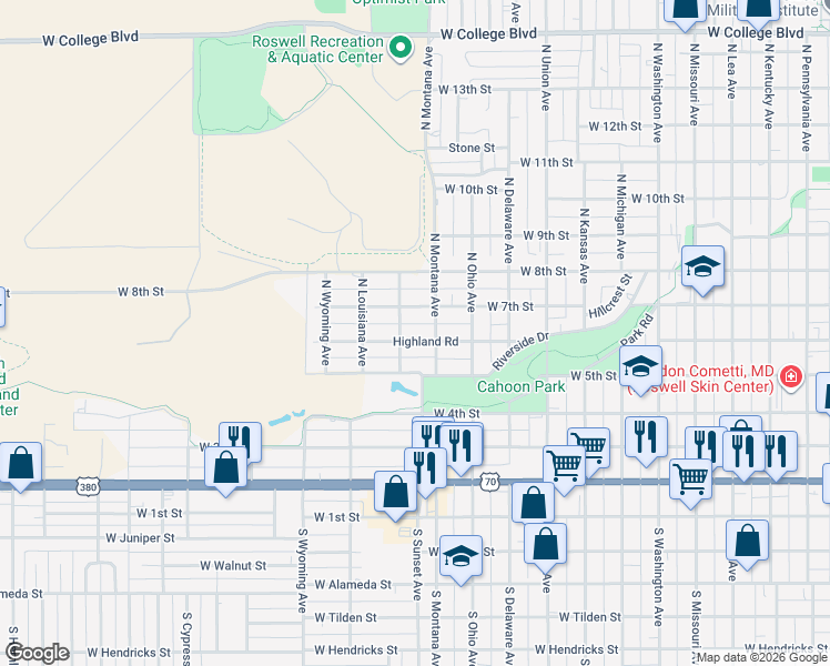 map of restaurants, bars, coffee shops, grocery stores, and more near 1301-1399 Highland Rd in Roswell