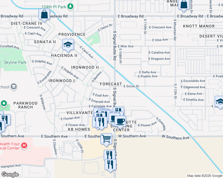 map of restaurants, bars, coffee shops, grocery stores, and more near 857 South Del Rancho in Mesa