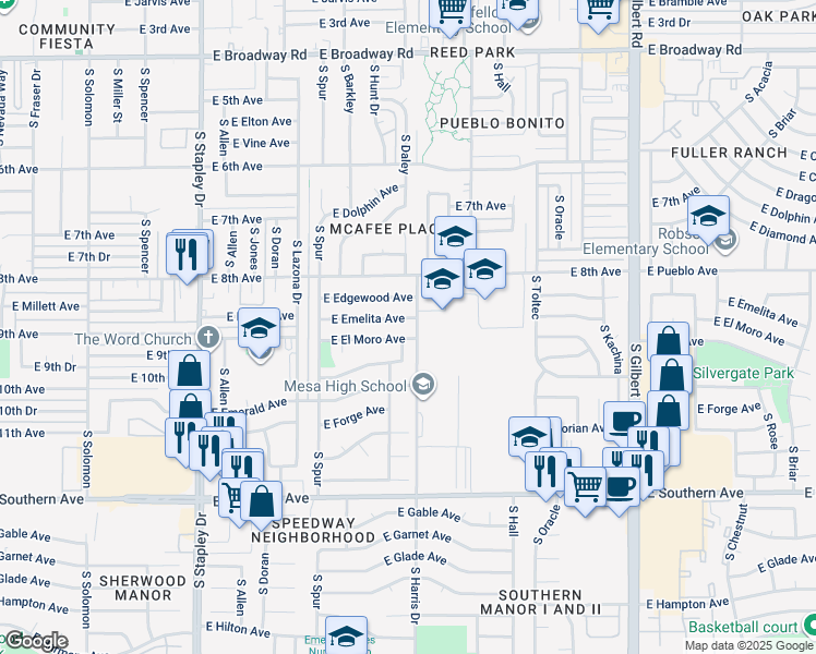 map of restaurants, bars, coffee shops, grocery stores, and more near in Mesa