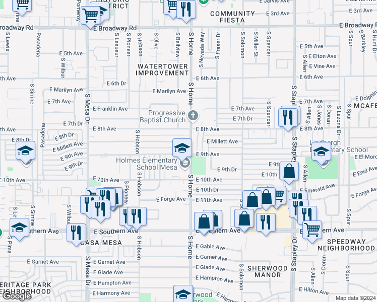 map of restaurants, bars, coffee shops, grocery stores, and more near 764 East 9th Avenue in Mesa