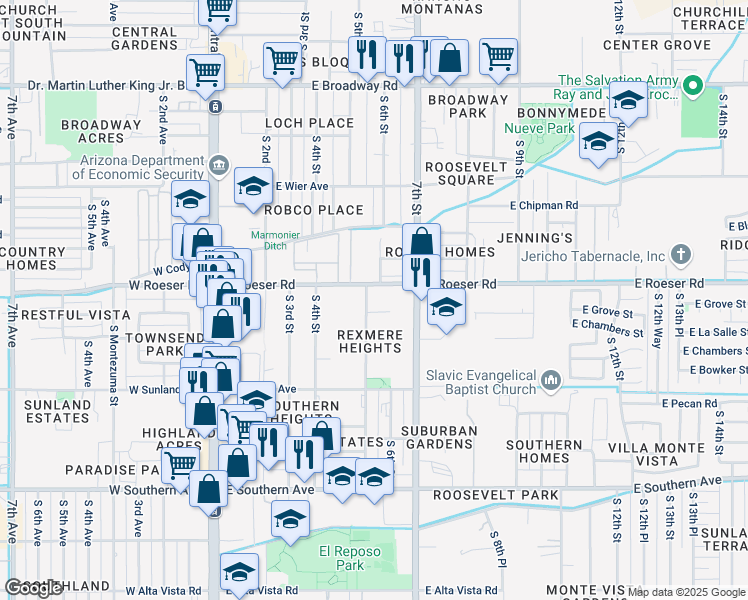 map of restaurants, bars, coffee shops, grocery stores, and more near 5211 South 5th Street in Phoenix