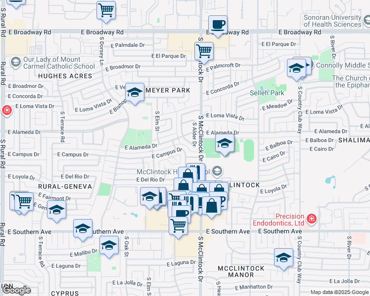 map of restaurants, bars, coffee shops, grocery stores, and more near 1716 E Campus Dr in Tempe