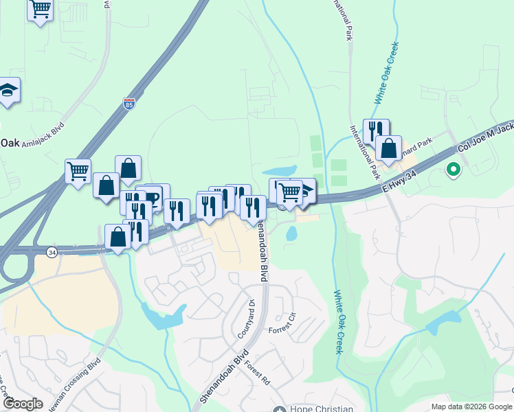 map of restaurants, bars, coffee shops, grocery stores, and more near 1401 East Highway 34 in Newnan