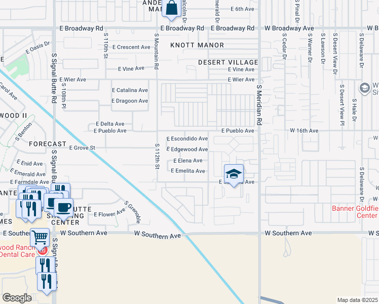 map of restaurants, bars, coffee shops, grocery stores, and more near 11317 East Edgewood Avenue in Mesa