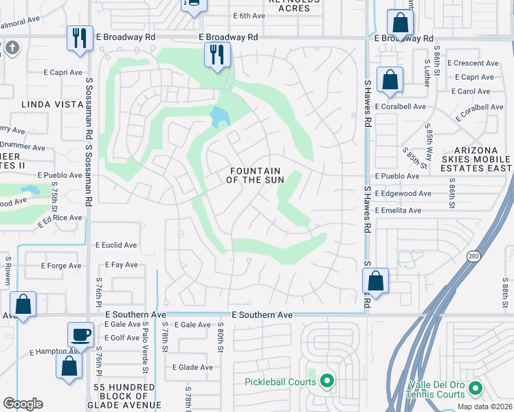map of restaurants, bars, coffee shops, grocery stores, and more near 8052 East Ebola Avenue in Mesa