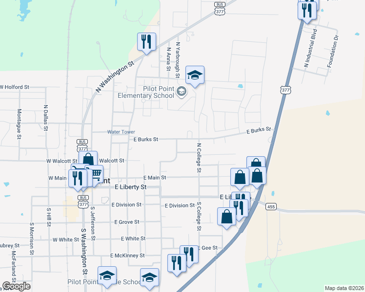 map of restaurants, bars, coffee shops, grocery stores, and more near 538 East Walcott Street in Pilot Point