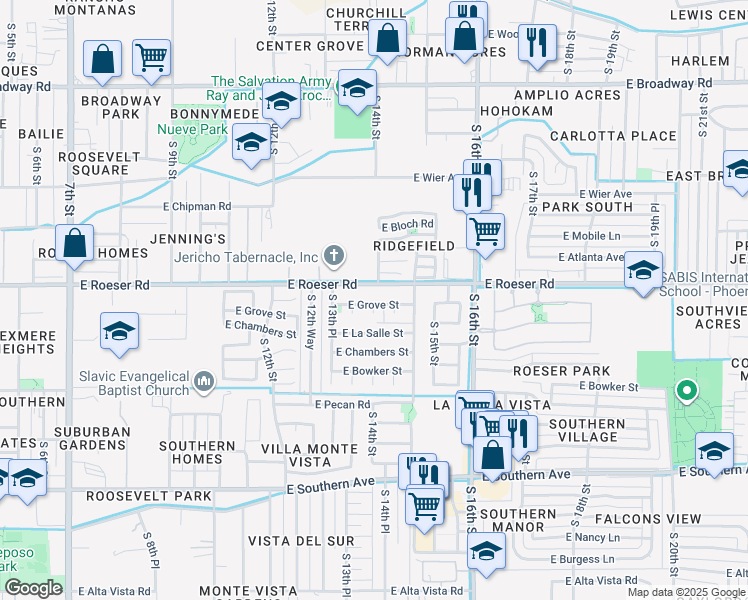 map of restaurants, bars, coffee shops, grocery stores, and more near 1342 East Grove Street in Phoenix