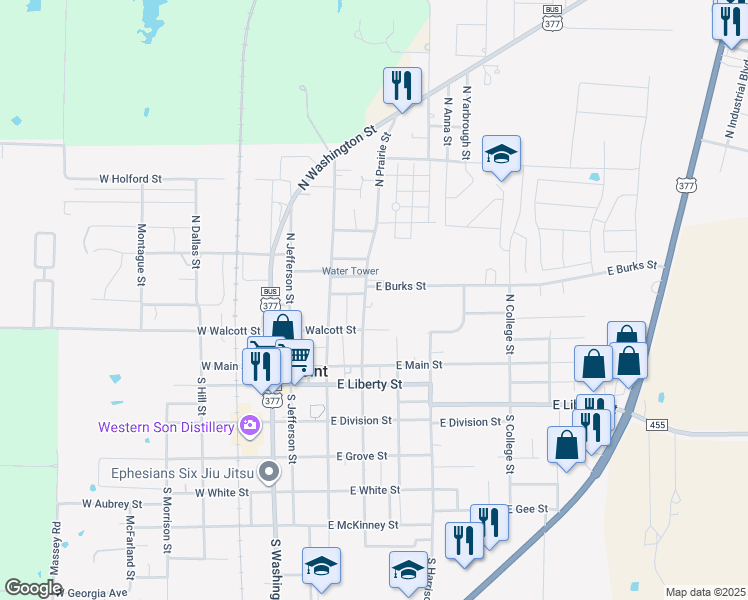 map of restaurants, bars, coffee shops, grocery stores, and more near 229 N Prairie St in Pilot Point