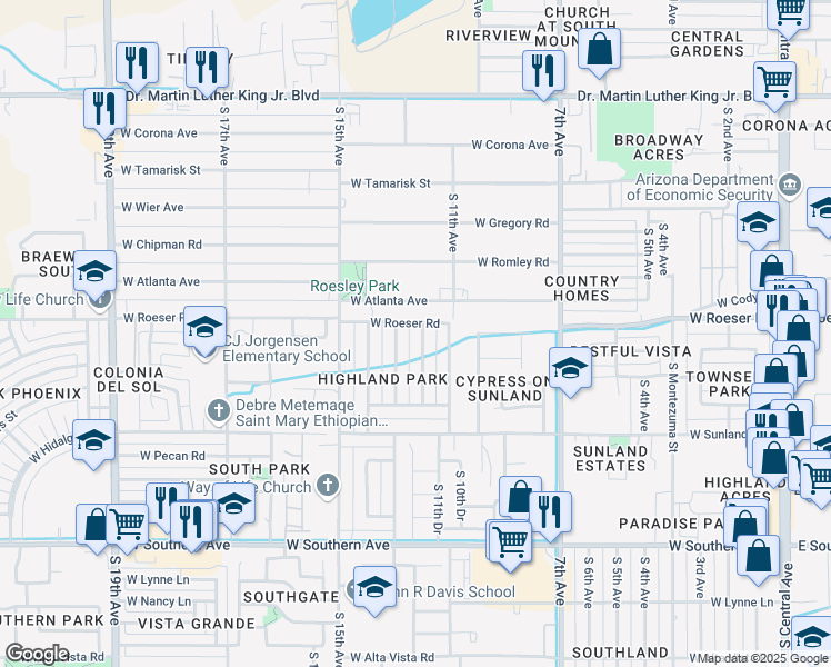 map of restaurants, bars, coffee shops, grocery stores, and more near 5206 South 12th Avenue in Phoenix