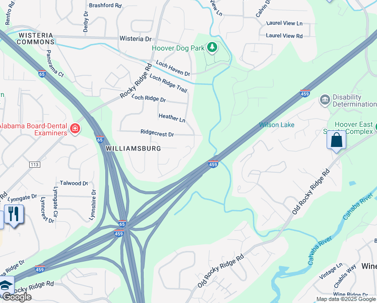 map of restaurants, bars, coffee shops, grocery stores, and more near 1051 Cedar Crest Drive in Hoover