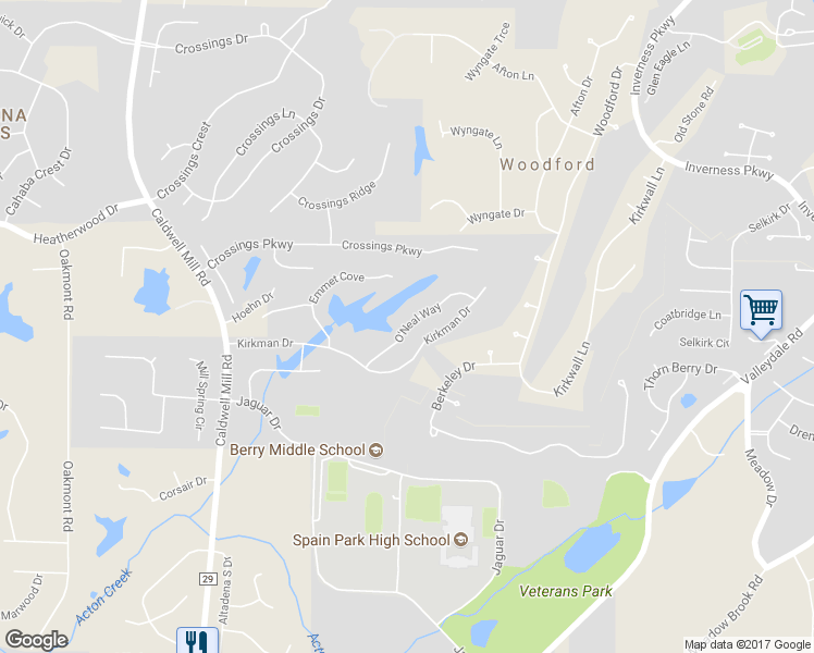 map of restaurants, bars, coffee shops, grocery stores, and more near 2428 O'Neal Way in Birmingham