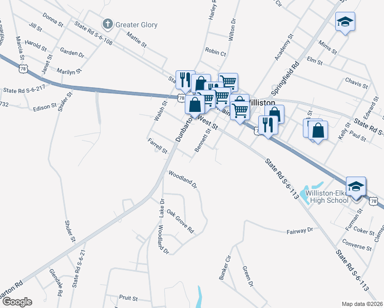 map of restaurants, bars, coffee shops, grocery stores, and more near 252 Bennett Street in Williston