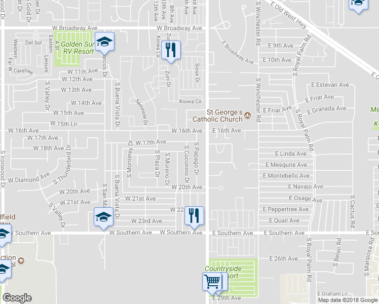 map of restaurants, bars, coffee shops, grocery stores, and more near 1811 South Coconino Drive in Apache Junction