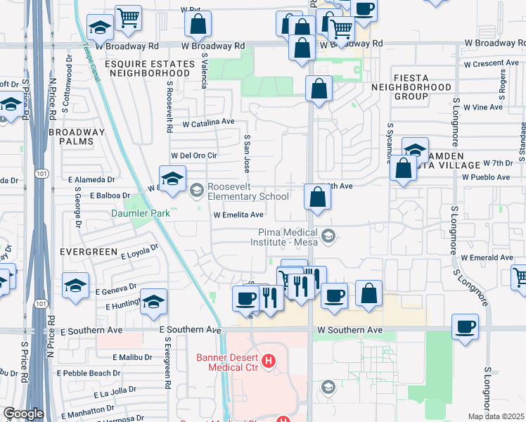 map of restaurants, bars, coffee shops, grocery stores, and more near 2122 West Emelita Avenue in Mesa