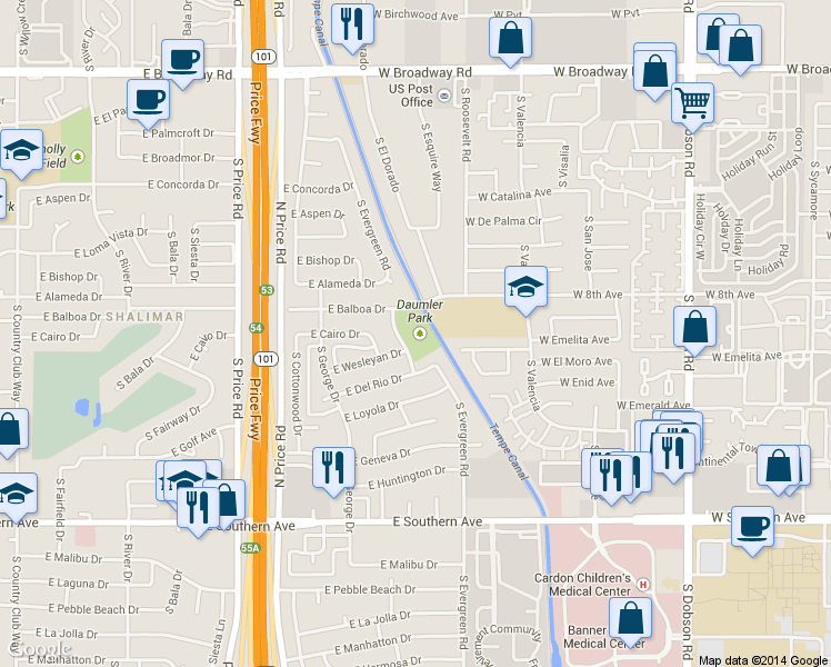 map of restaurants, bars, coffee shops, grocery stores, and more near 2825 South Evergreen Road in Tempe