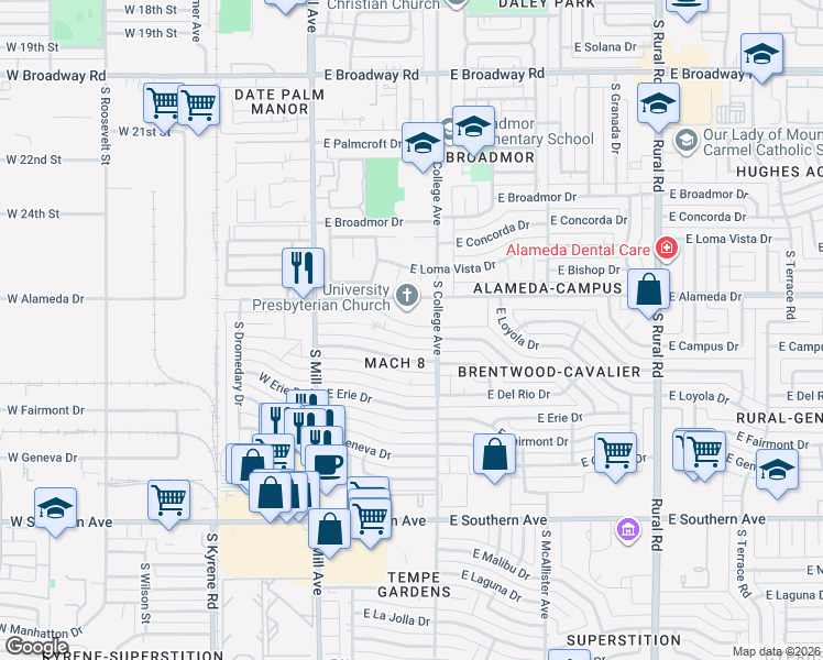 map of restaurants, bars, coffee shops, grocery stores, and more near 226 East Balboa Drive in Tempe